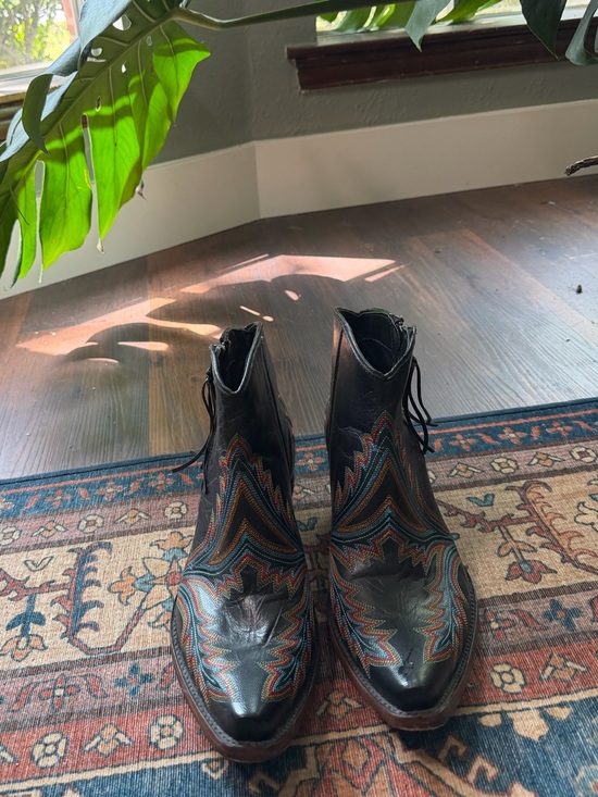 Azulado Shoes - Embroidered Leather Ankle Boots in Black with Multicolor Stitching